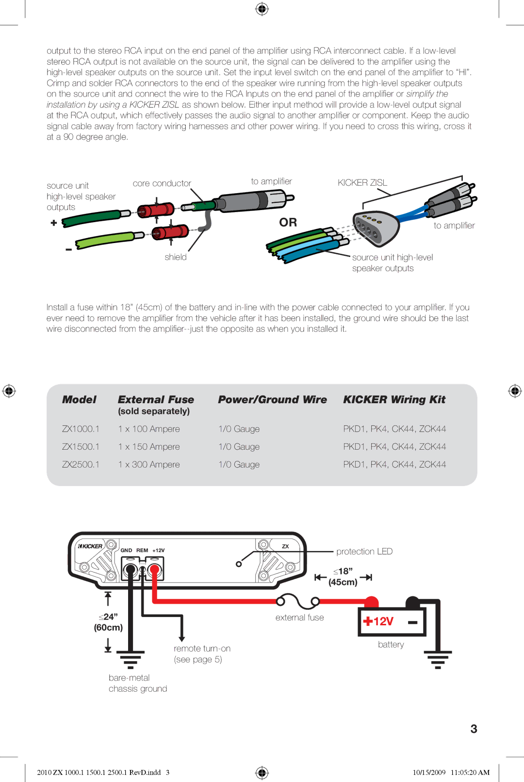 Kicker ZX2500.1, ZX1500.1, ZX1000.1 manual Model External Fuse Power/Ground Wire Kicker Wiring Kit, Sold separately, ≤24, ≤18 