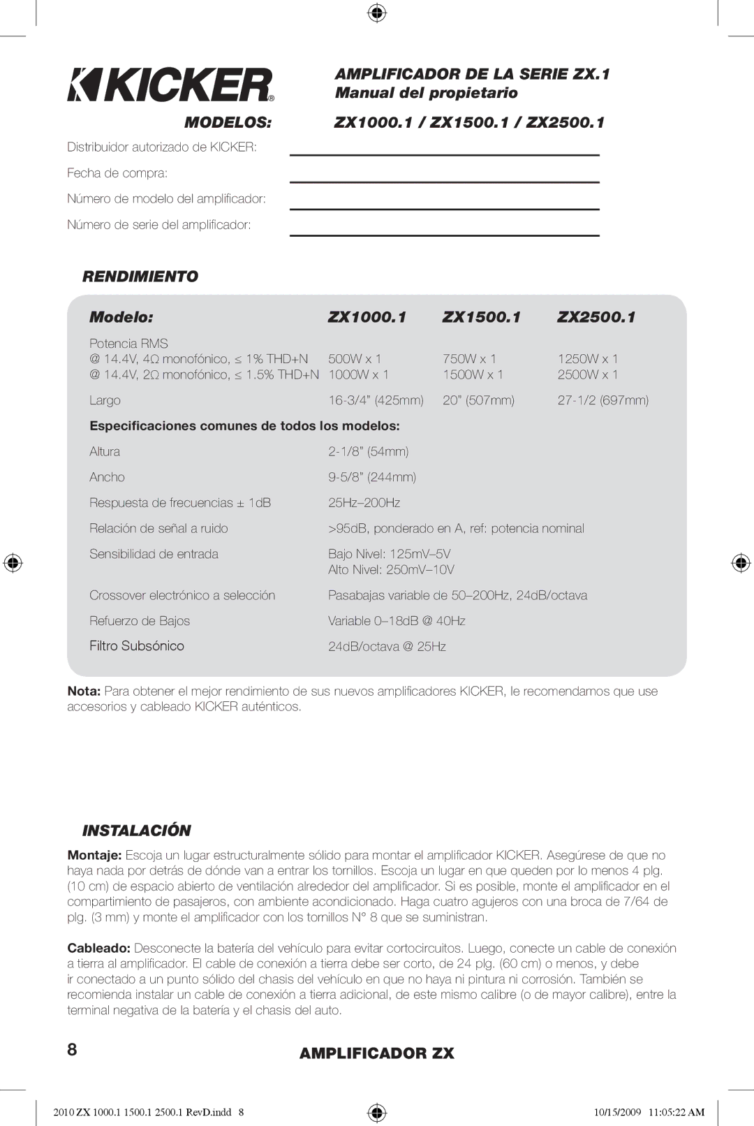 Kicker ZX1000.1, ZX2500.1, ZX1500.1 manual Amplificador DE LA Serie ZX.1, Modelos, Rendimiento, Instalación 