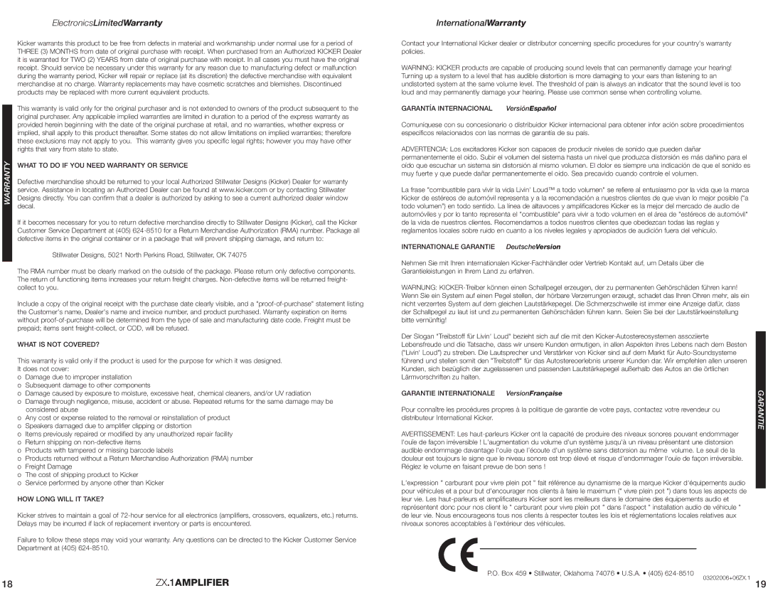 Kicker ZX1500.1, ZX2500.1, ZX1000.1 manuel dutilisation ElectronicsLimitedWarranty, InternationalWarranty, Ntie 