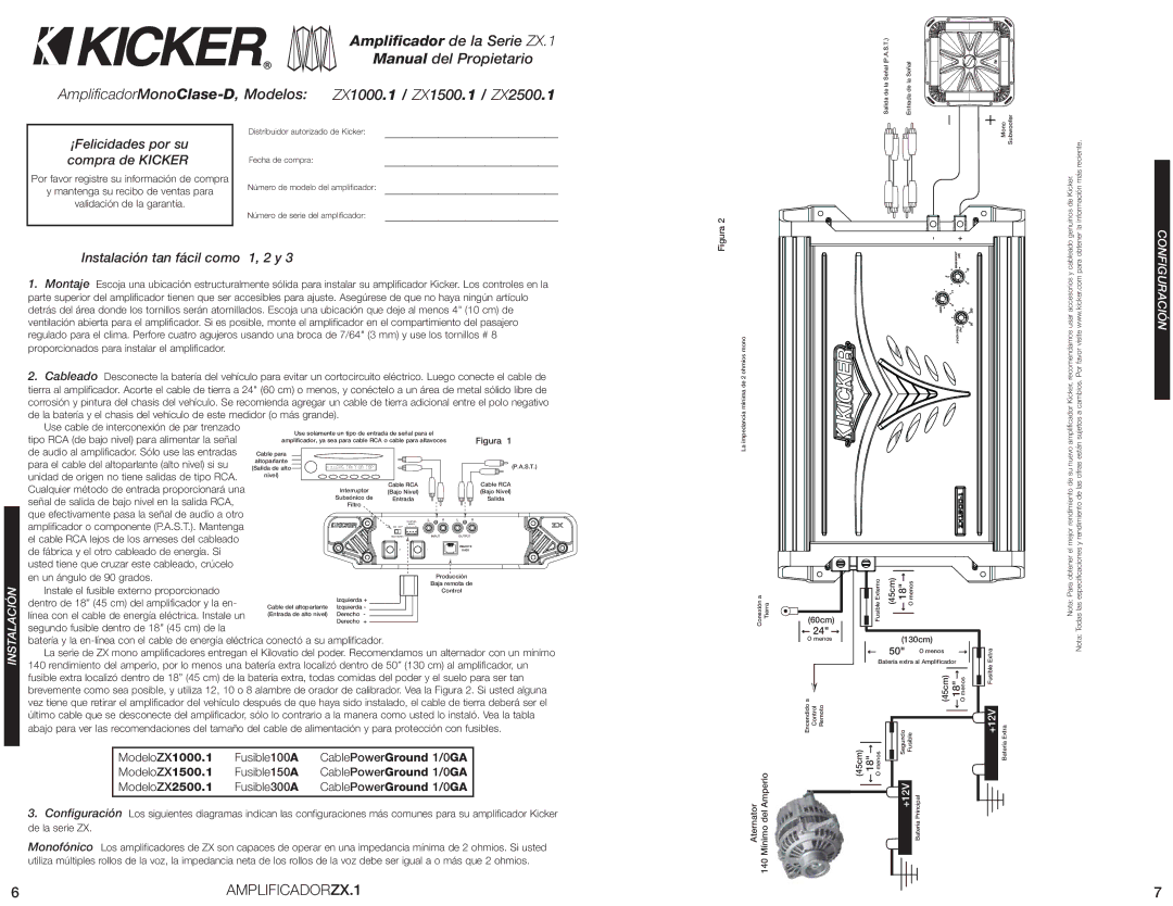 Kicker ZX1500.1, ZX2500.1, ZX1000.1 ¡Felicidades por su compra de Kicker, Instalación tan fácil como 1, 2 y, Configuración 