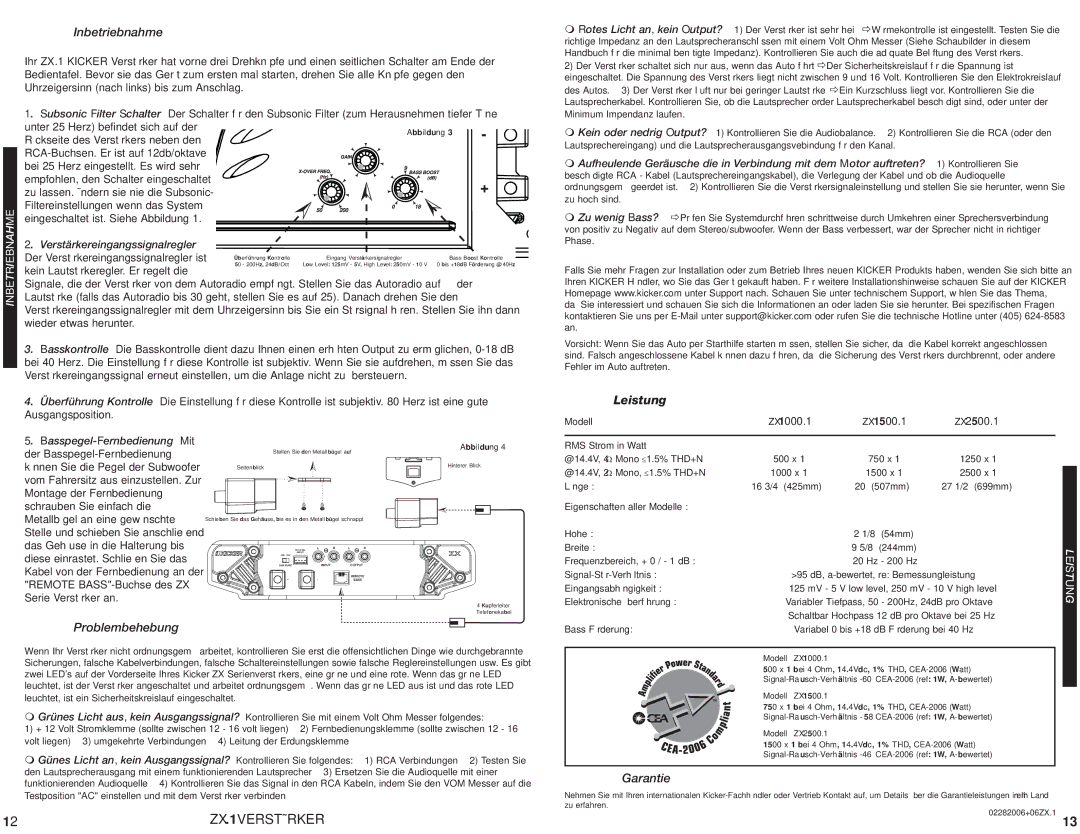 Kicker ZX1500.1, ZX2500.1, ZX1000.1 manuel dutilisation Inbetriebnahme, Leistung, Problembehebung, Garantie 