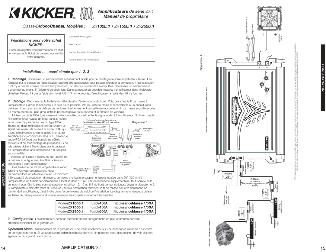 Kicker ZX1000.1, ZX2500.1, ZX1500.1 Félicitations pour votre achat, Installation . . . aussi simple que 1, 2 