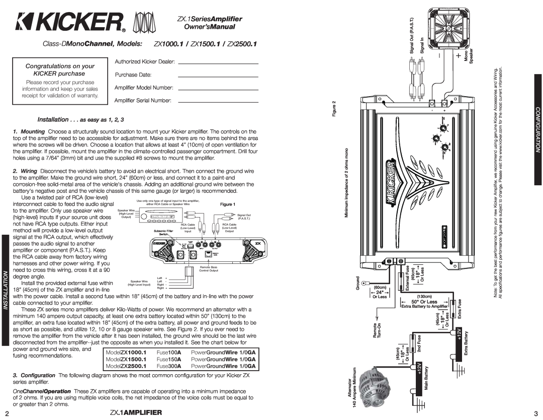 Kicker ZX1000.1 ZX.1SeriesAmplifier Owner’sManual, ZX.1AMPLIFIER, Congratulations on your KICKER purchase, Installation 