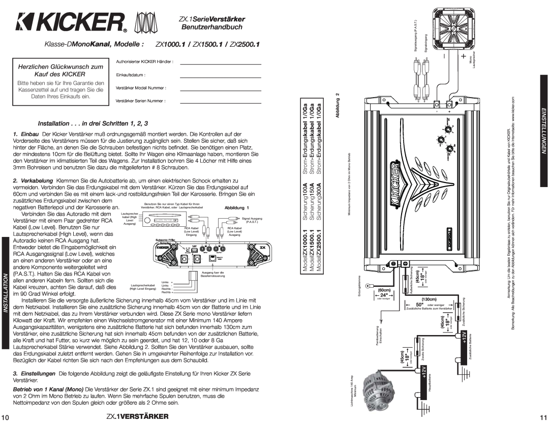 Kicker ZX2500.1 ZX.1SerieVerstärker, Benutzerhandbuch, ZX.1VERSTÄRKER, Herzlichen Glückwunsch zum Kauf des KICKER 