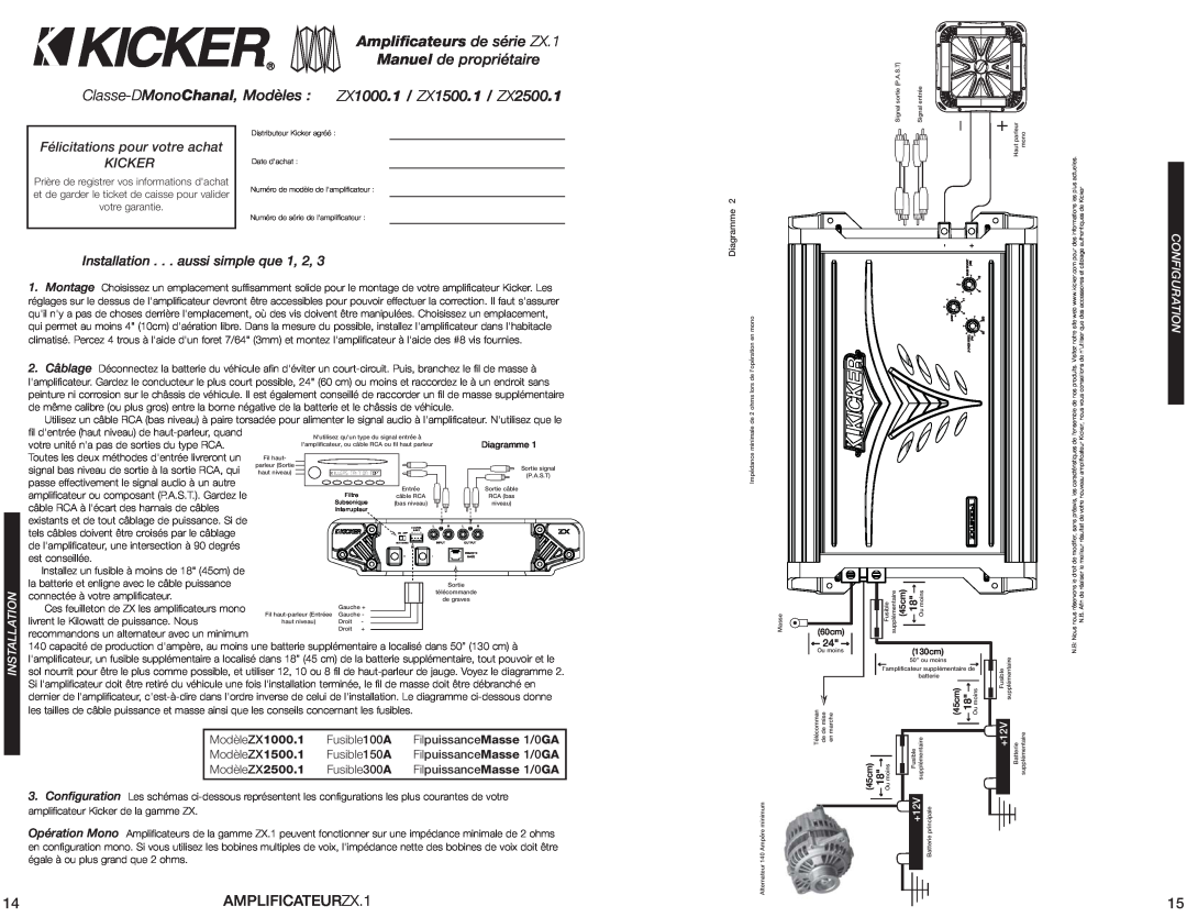 Kicker ZX1000.1, ZX2500.1, ZX1500.1 Amplificateurs de série ZX.1, Manuel de propriétaire, AMPLIFICATEURZX.1, +12V 