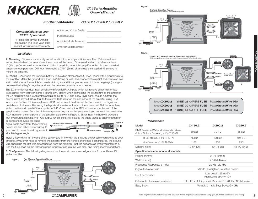 Kicker ZX150.2, ZX250.2, ZX200.2 manual Congratulations on your, Kicker purchase, Installation, Performance 