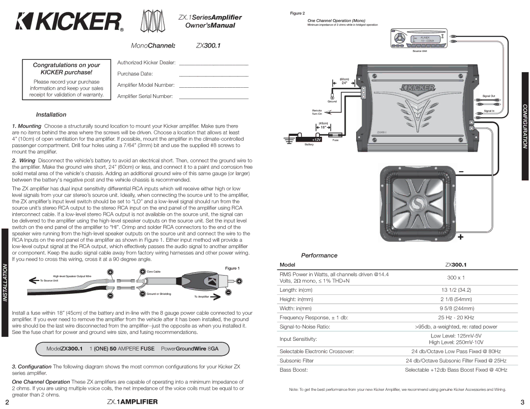 Kicker ZX300.1 manual Congratulations on your Kicker purchase, Installation, Performance 