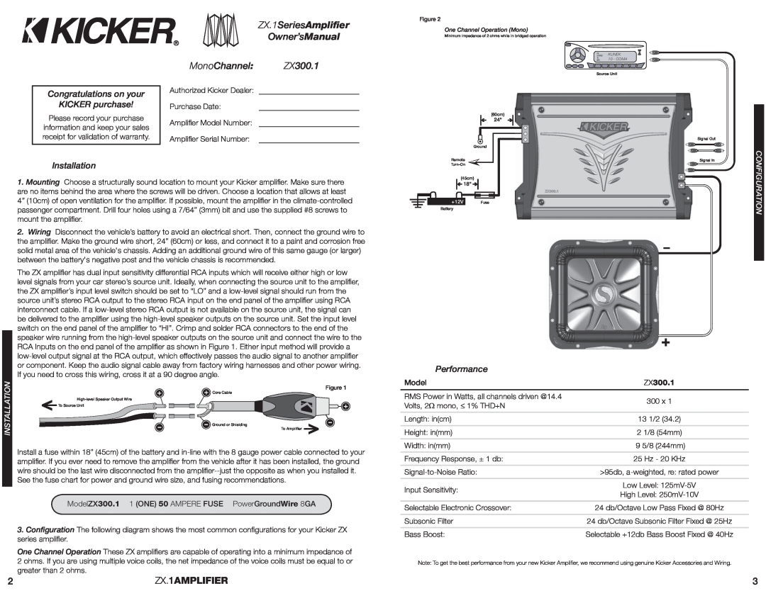 Kicker ZX300.1 manual ZX.1AMPLIFIER, Congratulations on your KICKER purchase, Installation, Performance, ZX.1SeriesAmpliﬁer 
