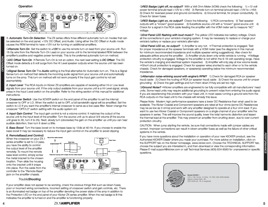 Kicker ZX300.1 manual Operation, TroubleShooting, ZX.1AMPLIFIER 