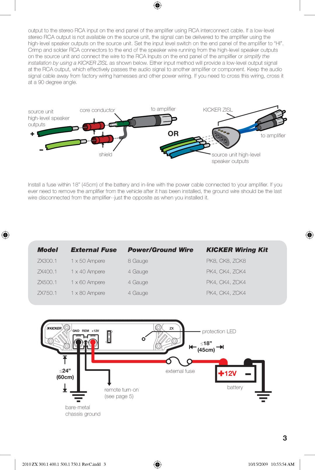 Kicker ZX300.4, ZX300.2, ZX300.3 manual Model External Fuse Power/Ground Wire Kicker Wiring Kit, ≤24, ≤18 