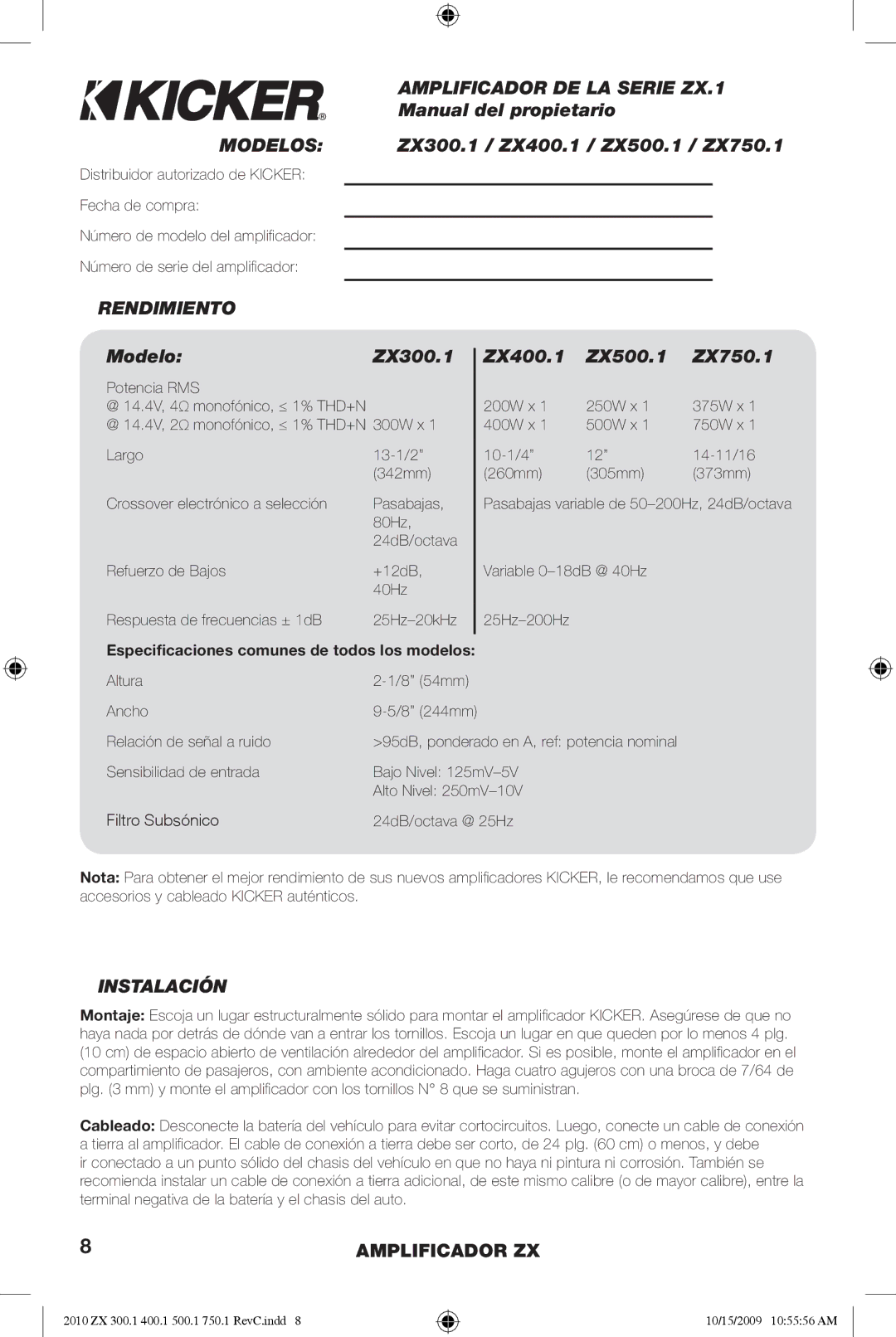 Kicker ZX300.3, ZX300.4, ZX300.2 manual Amplificador DE LA Serie ZX.1, Modelos, Rendimiento, Instalación 