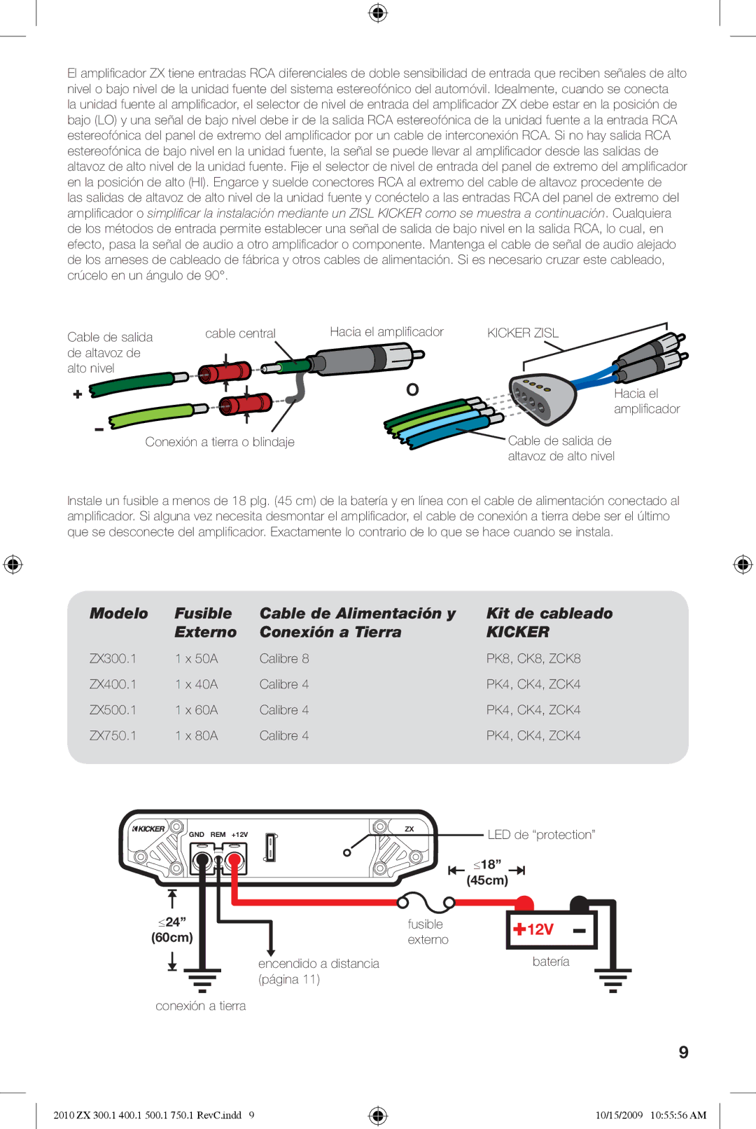 Kicker ZX300.4, ZX300.2, ZX300.3 manual Kicker, Conexión a tierra o blindaje, 45cm 