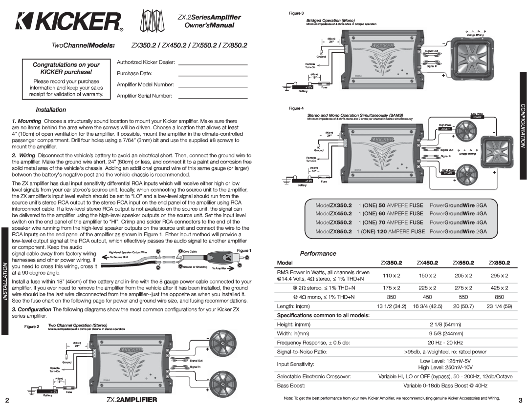Kicker ZX350.2 ZX.2AMPLIFIER, Congratulations on your, KICKER purchase, Installation, Performance, Configuration, ZX450.2 