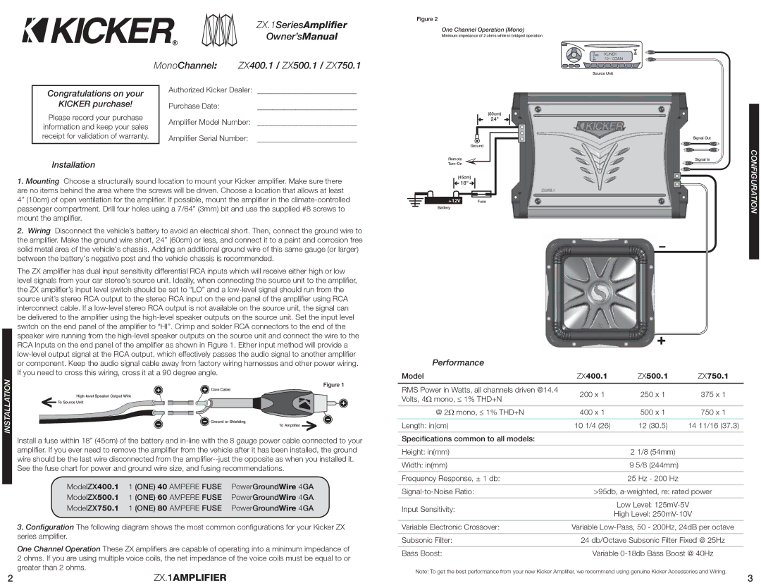 Kicker ZX400.1 / ZX500.1 / ZX750.1, Congratulations on your Kicker purchase, Installation, Performance, Configuration 