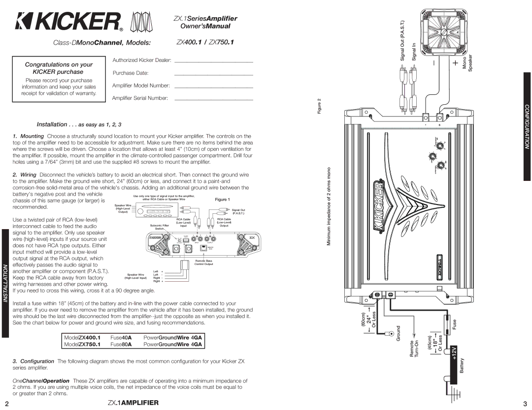 Kicker ZX400.1, ZX750.1 manual Please record your purchase, Installation . . . as easy as 1, 2 