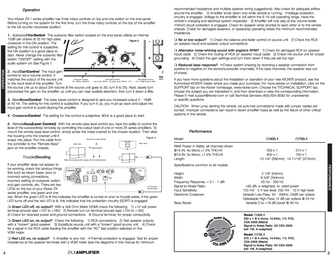 Kicker ZX750.1, ZX400.1 manual Operation, Performance, CrossoverControl 