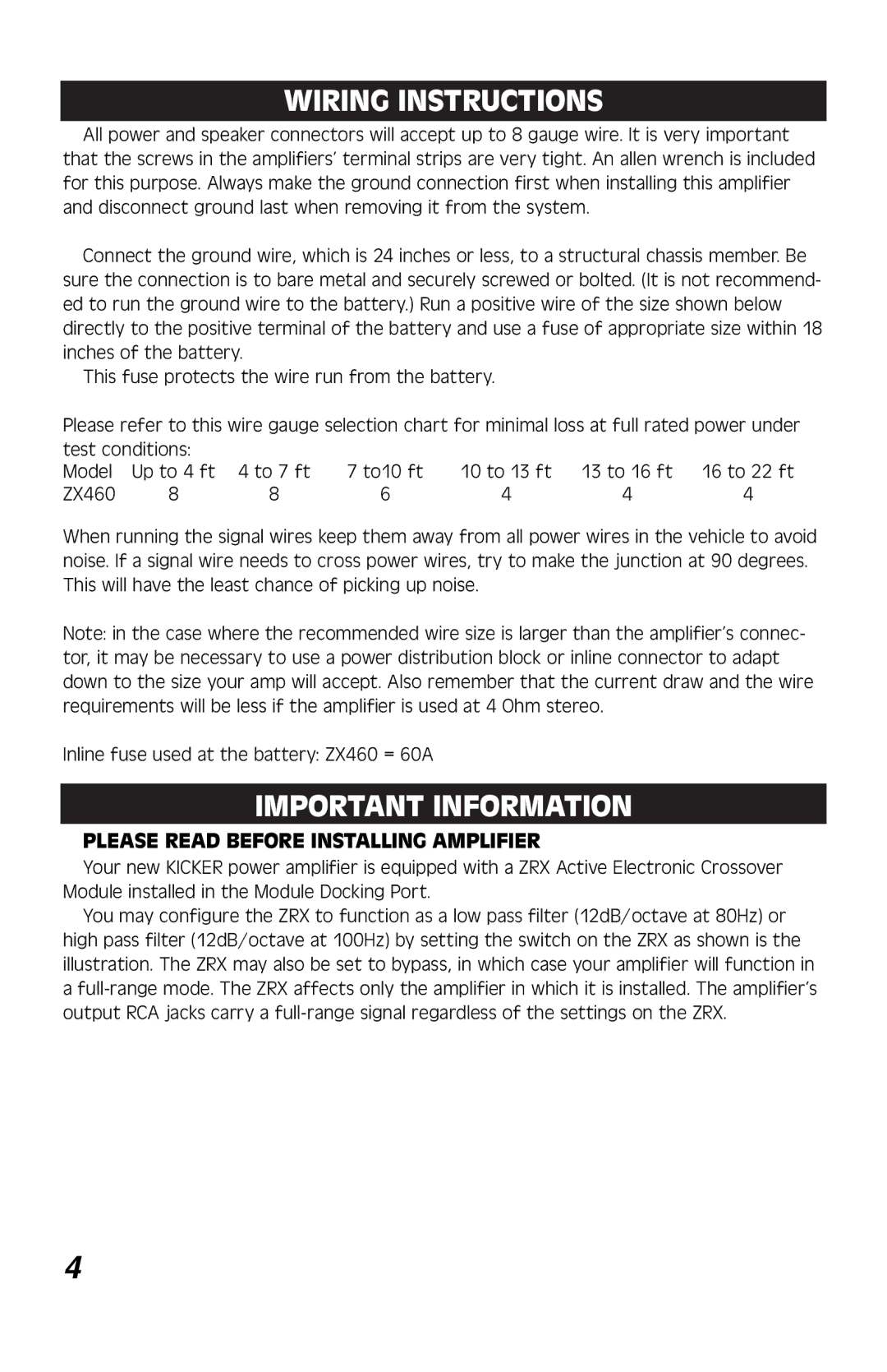 Kicker ZX460 warranty Wiring Instructions, Important Information, Please Read Before Installing Amplifier 