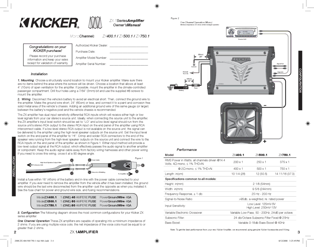 Kicker ZX500.1 manuel dutilisation ZX.1Series Ampliﬁer, MonoChannel, 2ZX.1AMPLIFIER 