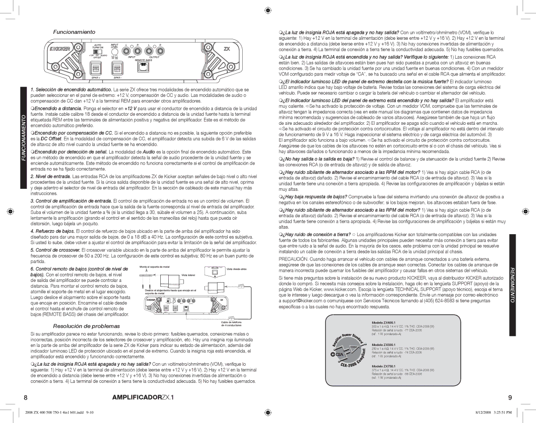 Kicker ZX500.1 manuel dutilisation 8AMPLIFICADORZX.1, Funcionamiento, Resolución de problemas 