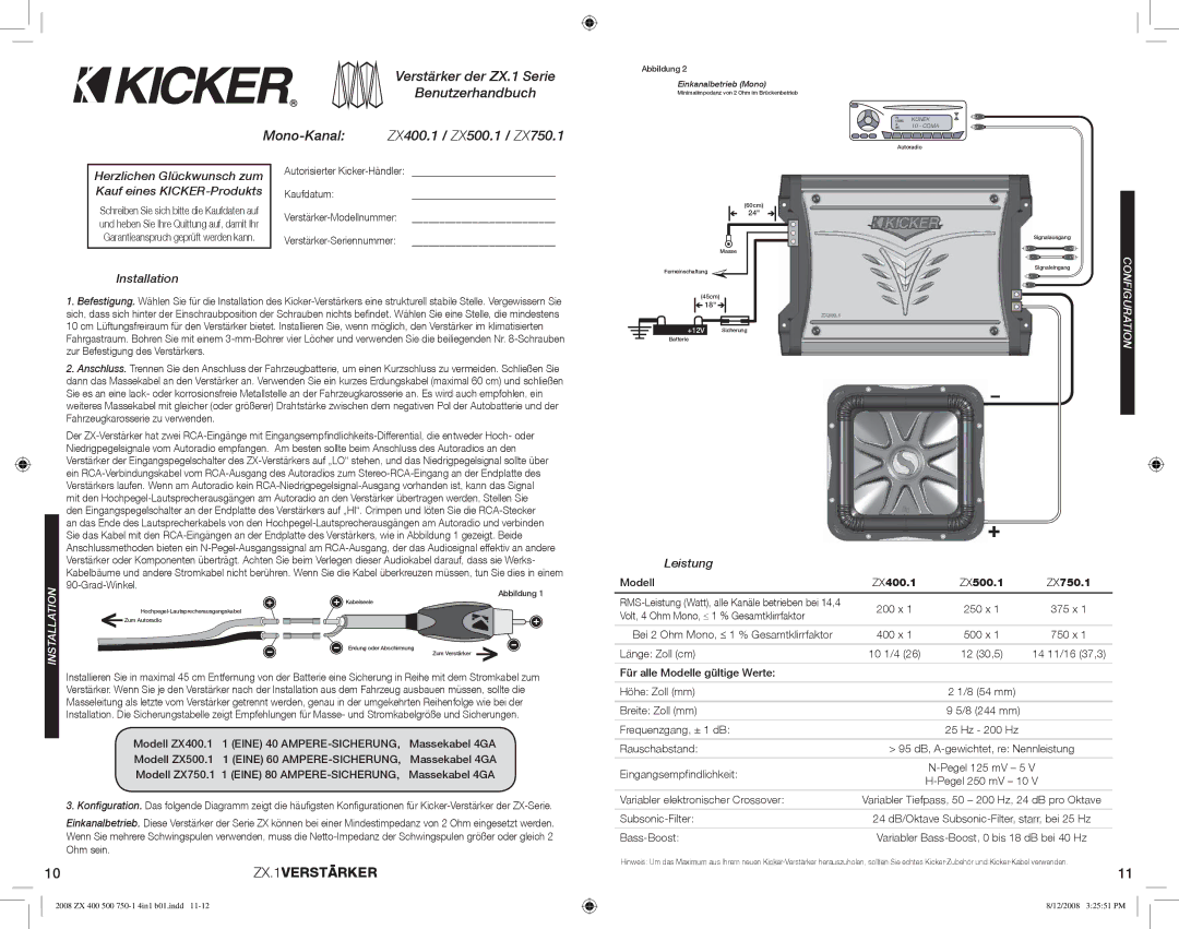 Kicker ZX500.1 manuel dutilisation Verstärker der ZX.1 Serie, Benutzerhandbuch, Mono-Kanal, 10ZX.1VERSTÄRKER 