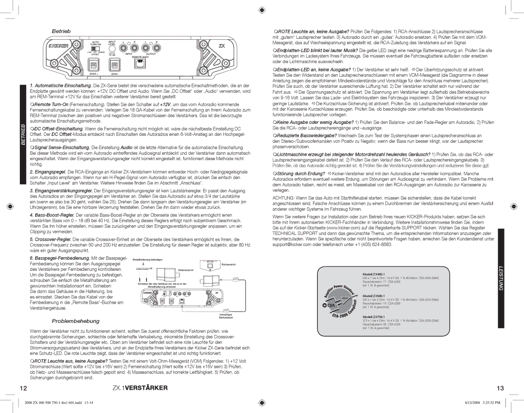 Kicker ZX500.1 manuel dutilisation 12ZX.1VERSTÄRKER, Betrieb, Problembehebung 