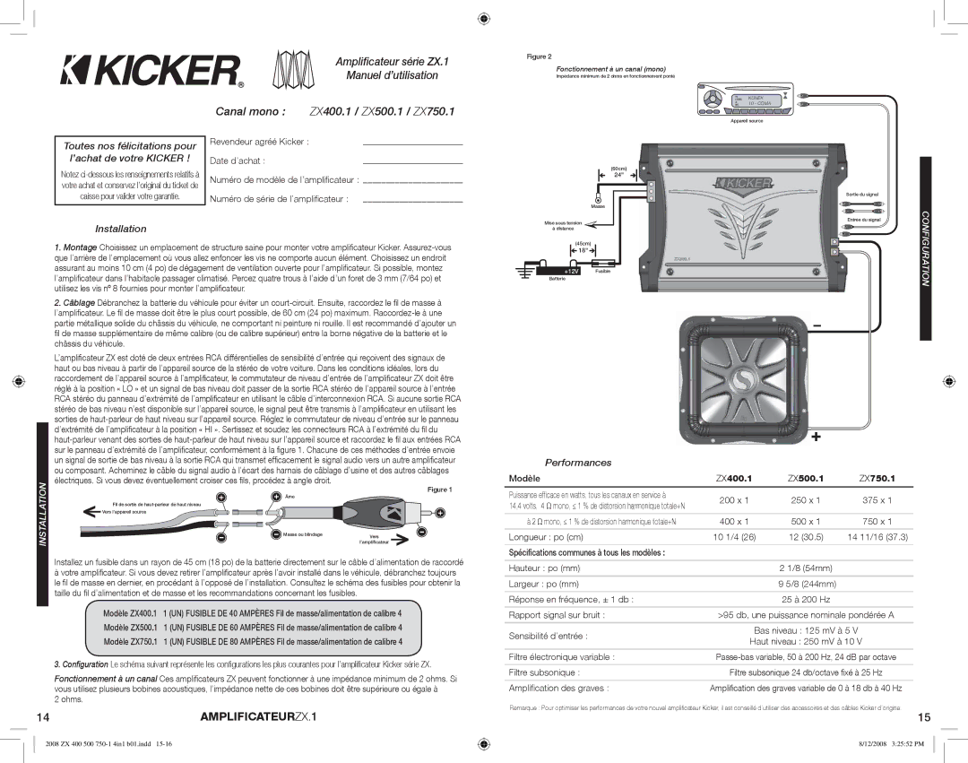 Kicker Canal mono ZX400.1 / ZX500.1 / ZX750.1, 14AMPLIFICATEURZX.1, Ampliﬁcateur série ZX.1 Manuel d’utilisation 