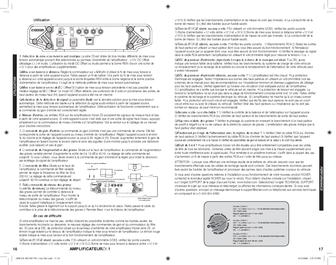 Kicker manuel dutilisation 16AMPLIFICATEURZX.1, Utilisation, Modèle ZX400.1, Modèle ZX500.1, Modèle ZX750.1 