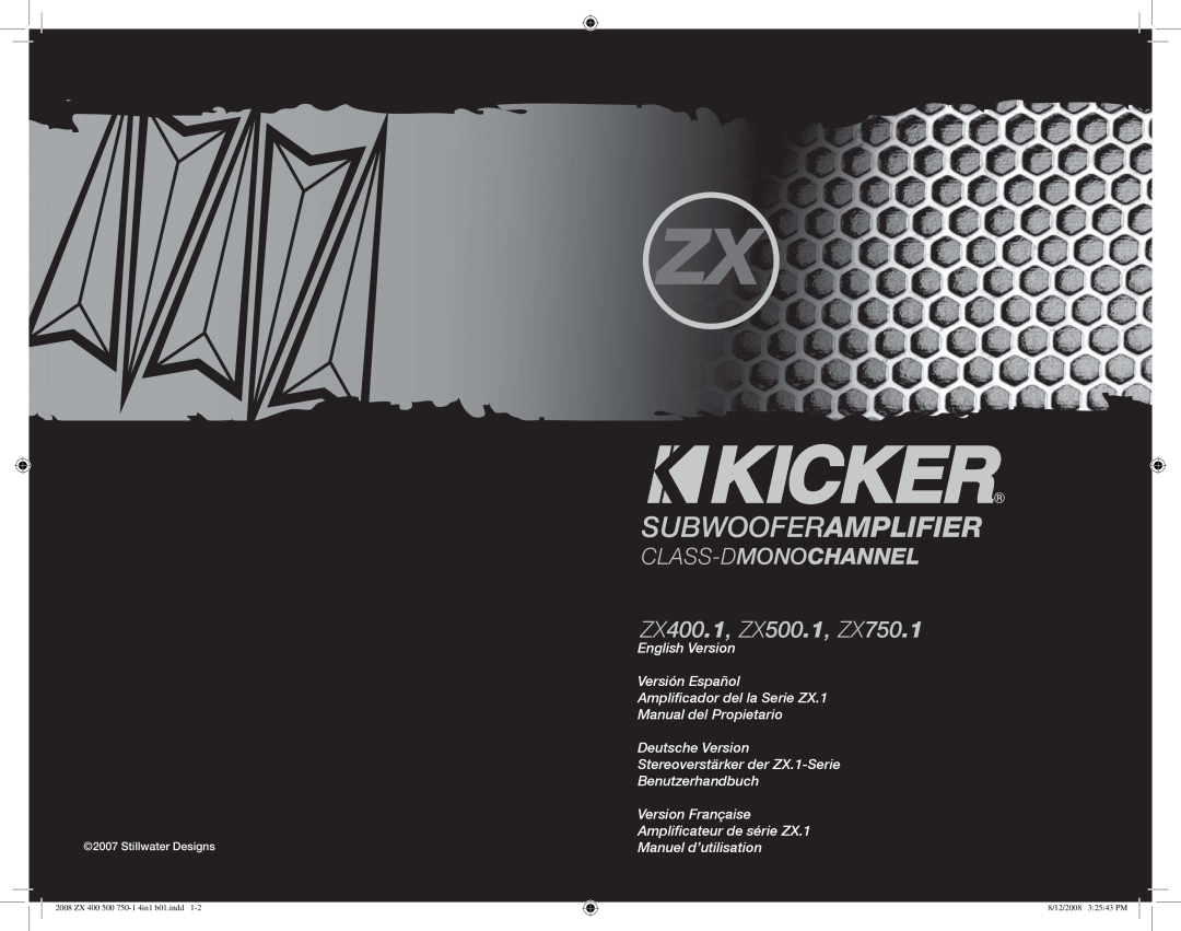 Kicker manuel dutilisation Subwooferamplifier, CLASS-DMONOCHANNEL ZX400.1, ZX500.1, ZX750.1, Manuel d’utilisation 