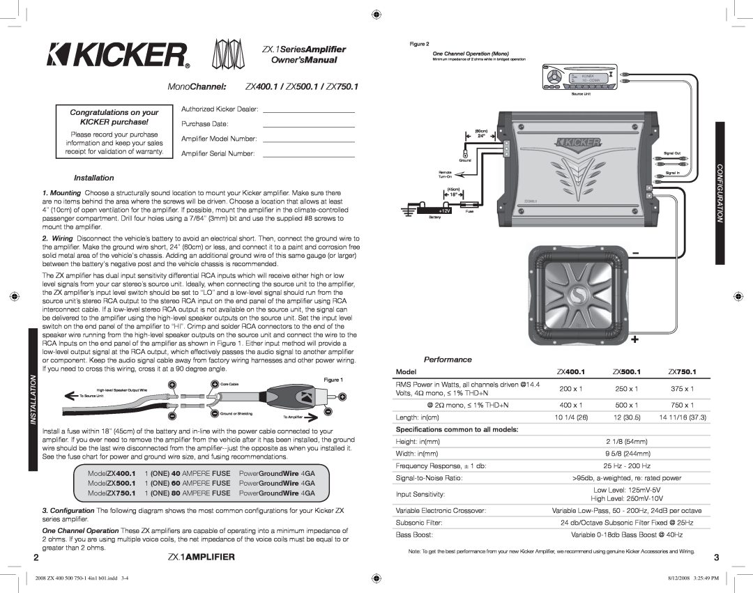 Kicker ZX.1SeriesAmpliﬁer, Owner’sManual, MonoChannel, 2ZX.1AMPLIFIER, ZX400.1 / ZX500.1 / ZX750.1, KICKER purchase 