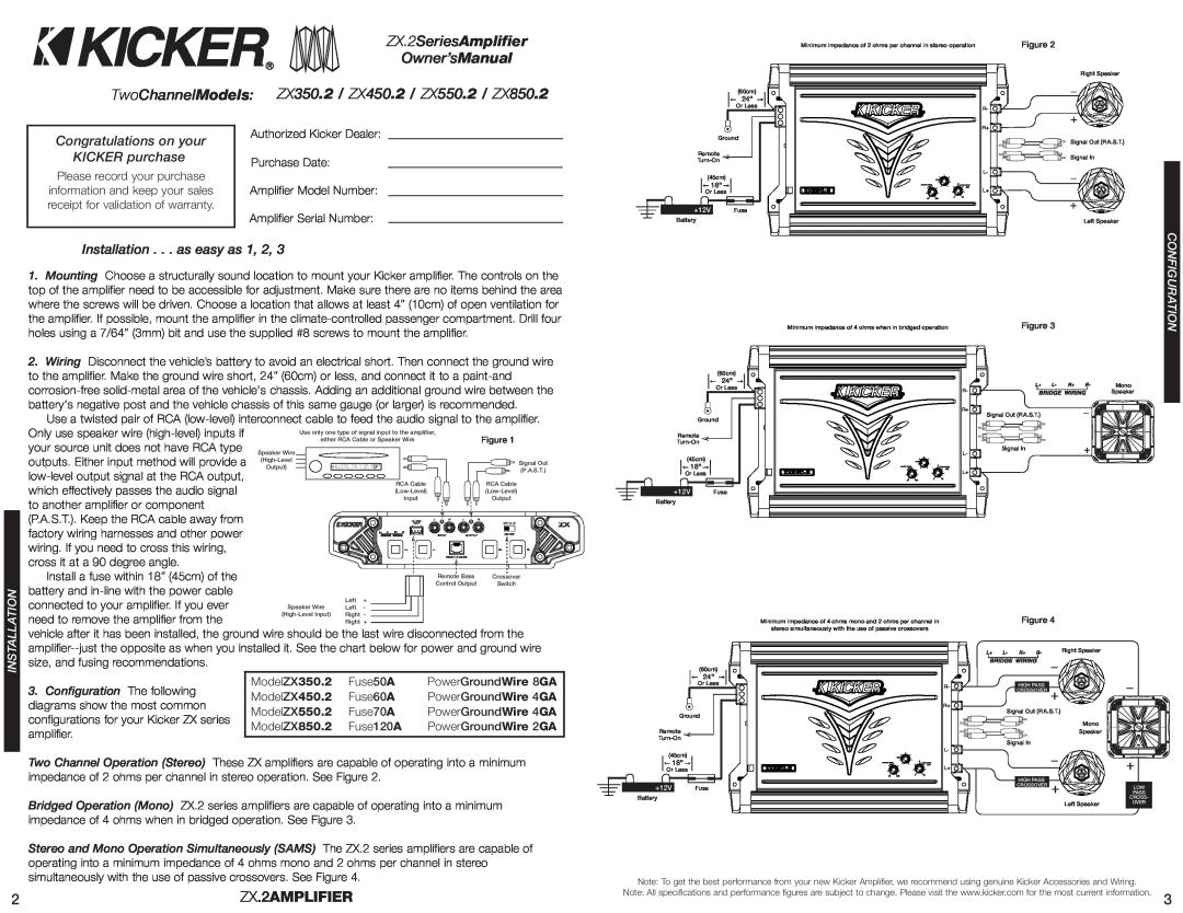 Kicker ZX550.2 ZX.2SeriesAmplifier Owner’sManual, ZX.2AMPLIFIER, Congratulations on your KICKER purchase, Allation, Inst 