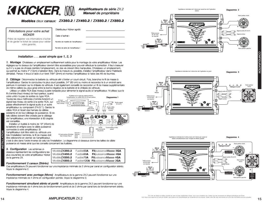Kicker ZX550.2 Amplificateurs de série ZX.2, Manuel de propriétaire, AMPLIFICATEUR ZX.2, Configuration, Installation 
