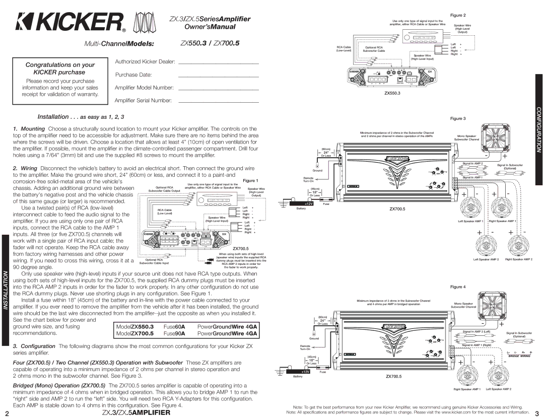 Kicker ZX550.3 manual ZX.3/ZX.5AMPLIFIER, Congratulations on your Kicker purchase, Installation . . . as easy as 1, 2, Tion 