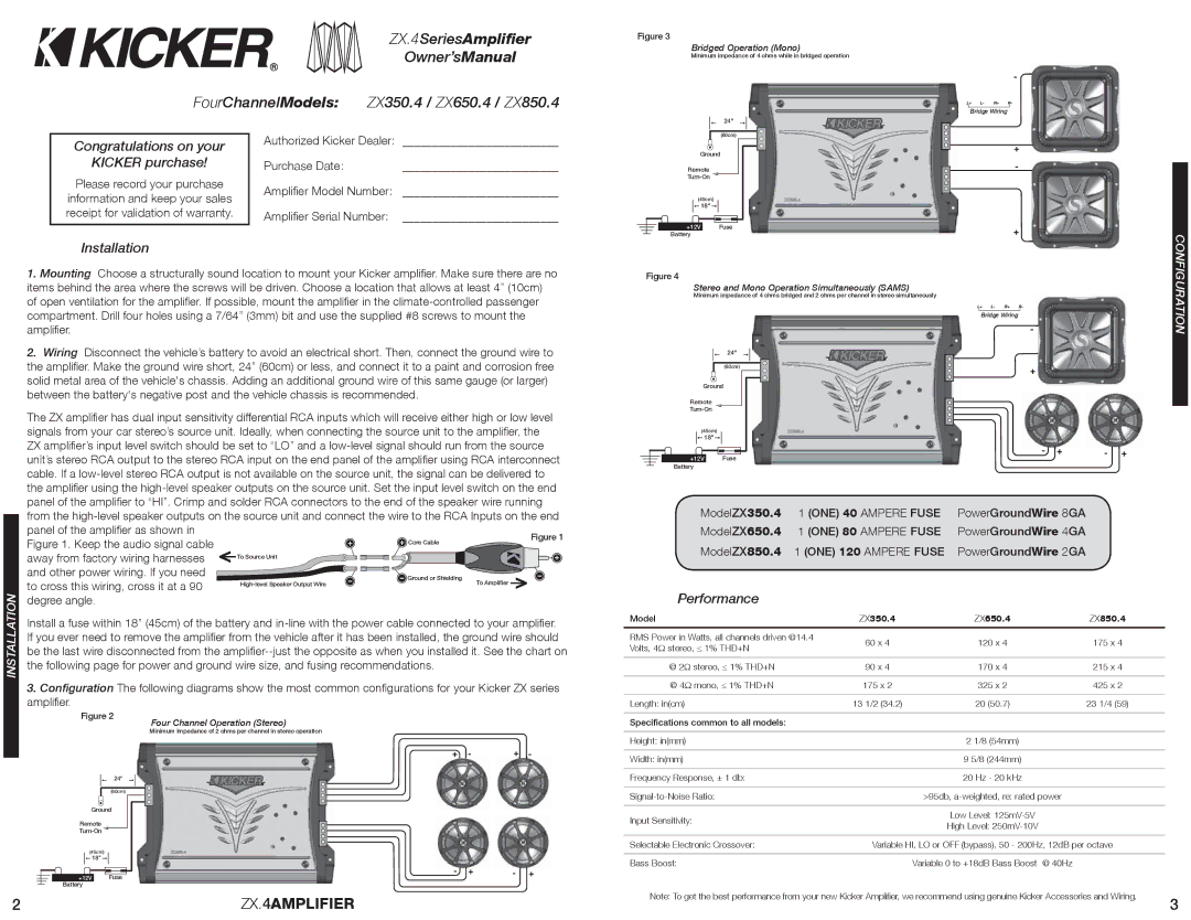 Kicker manual ZX350.4 / ZX650.4 / ZX850.4, Congratulations on your, Kicker purchase, Installation, Performance 