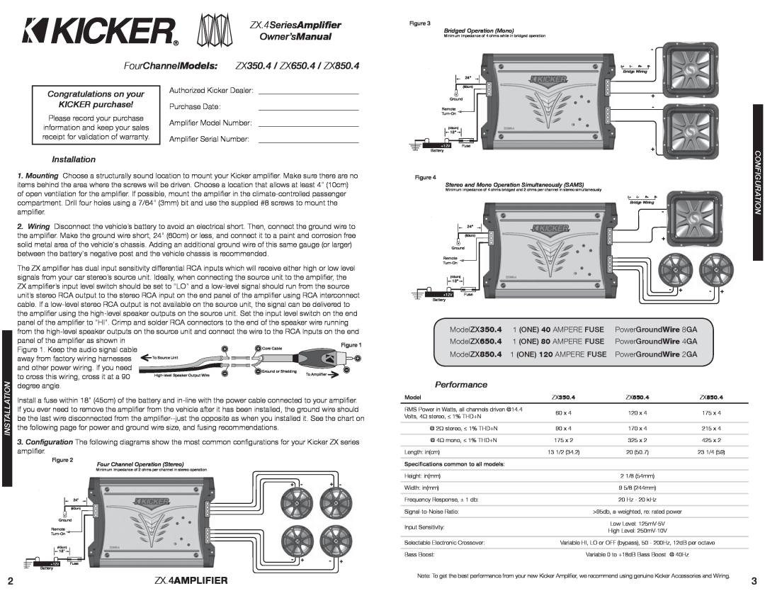 Kicker ZX.4AMPLIFIER, ZX350.4 / ZX650.4 / ZX850.4, Congratulations on your, KICKER purchase, Installation, Performance 