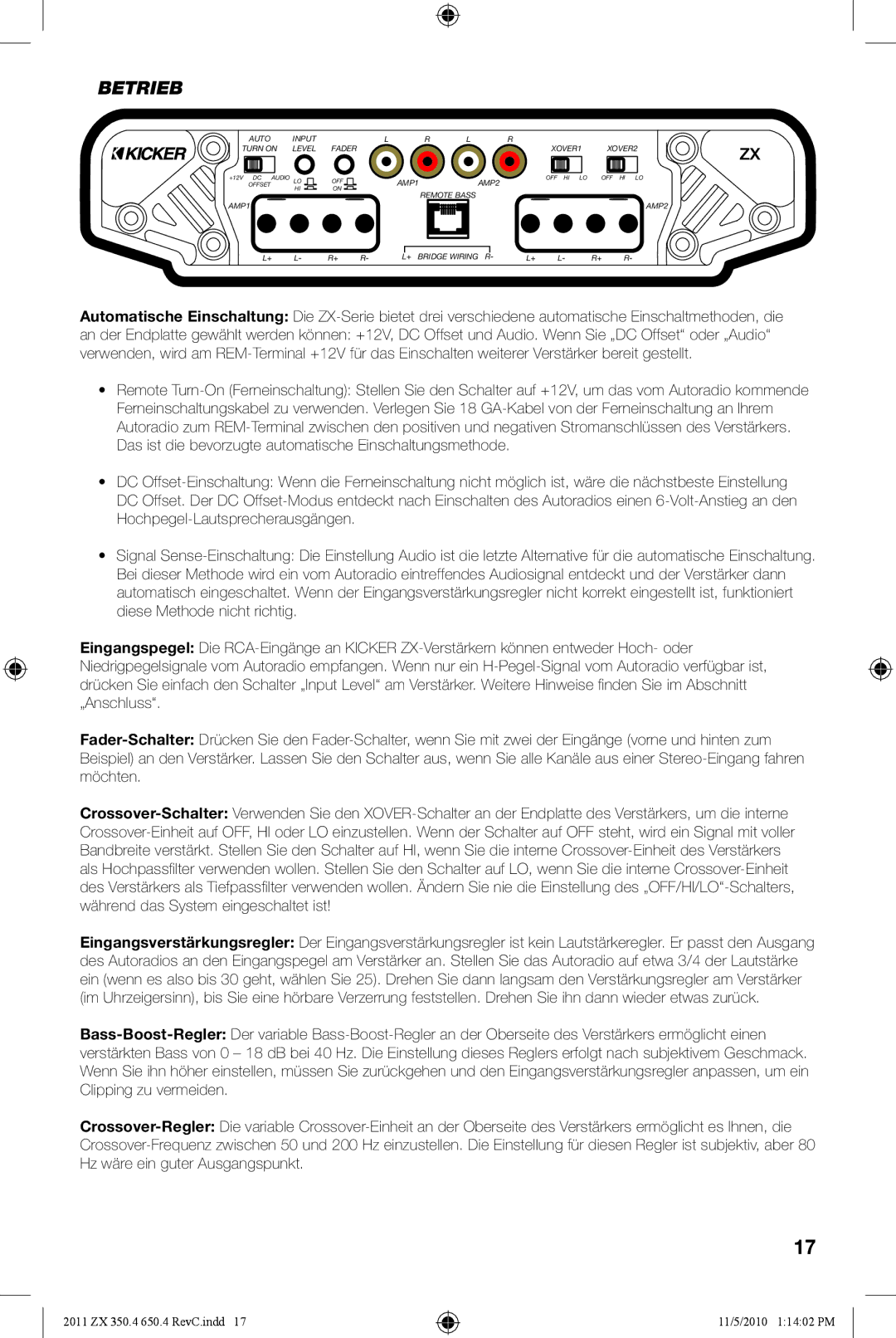 Kicker ZX350.4, ZX650.4 manual Betrieb 