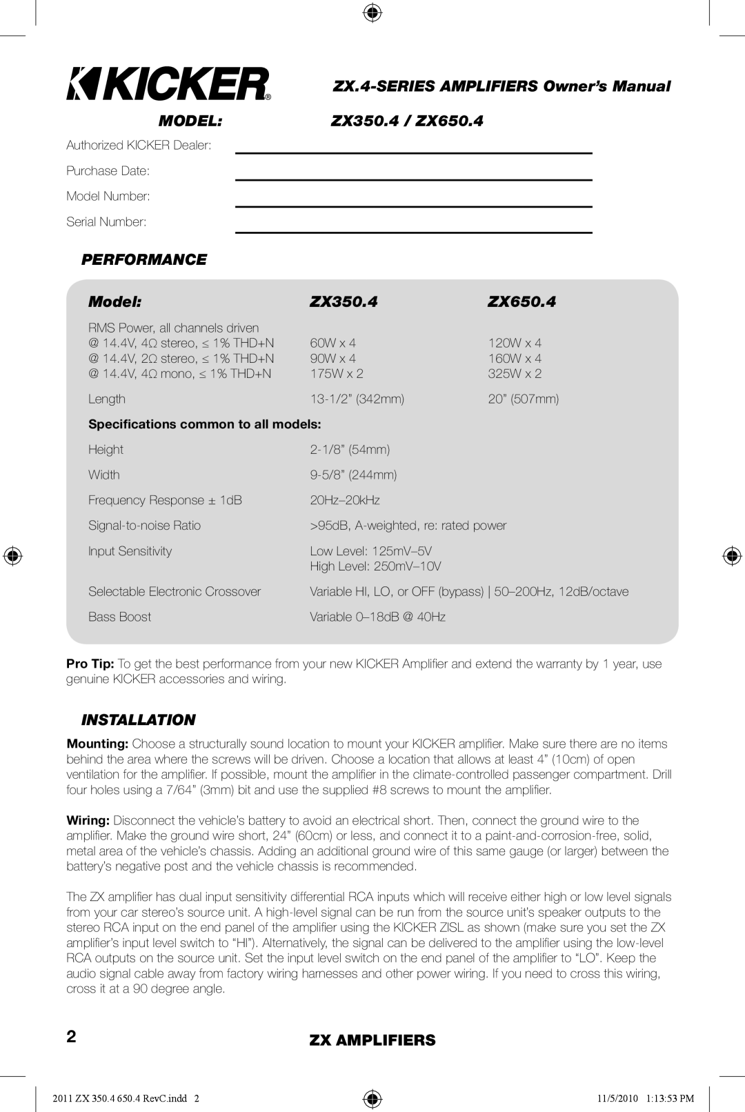 Kicker manual ZX350.4 / ZX650.4, Performance, Model ZX350.4 ZX650.4, Installation 