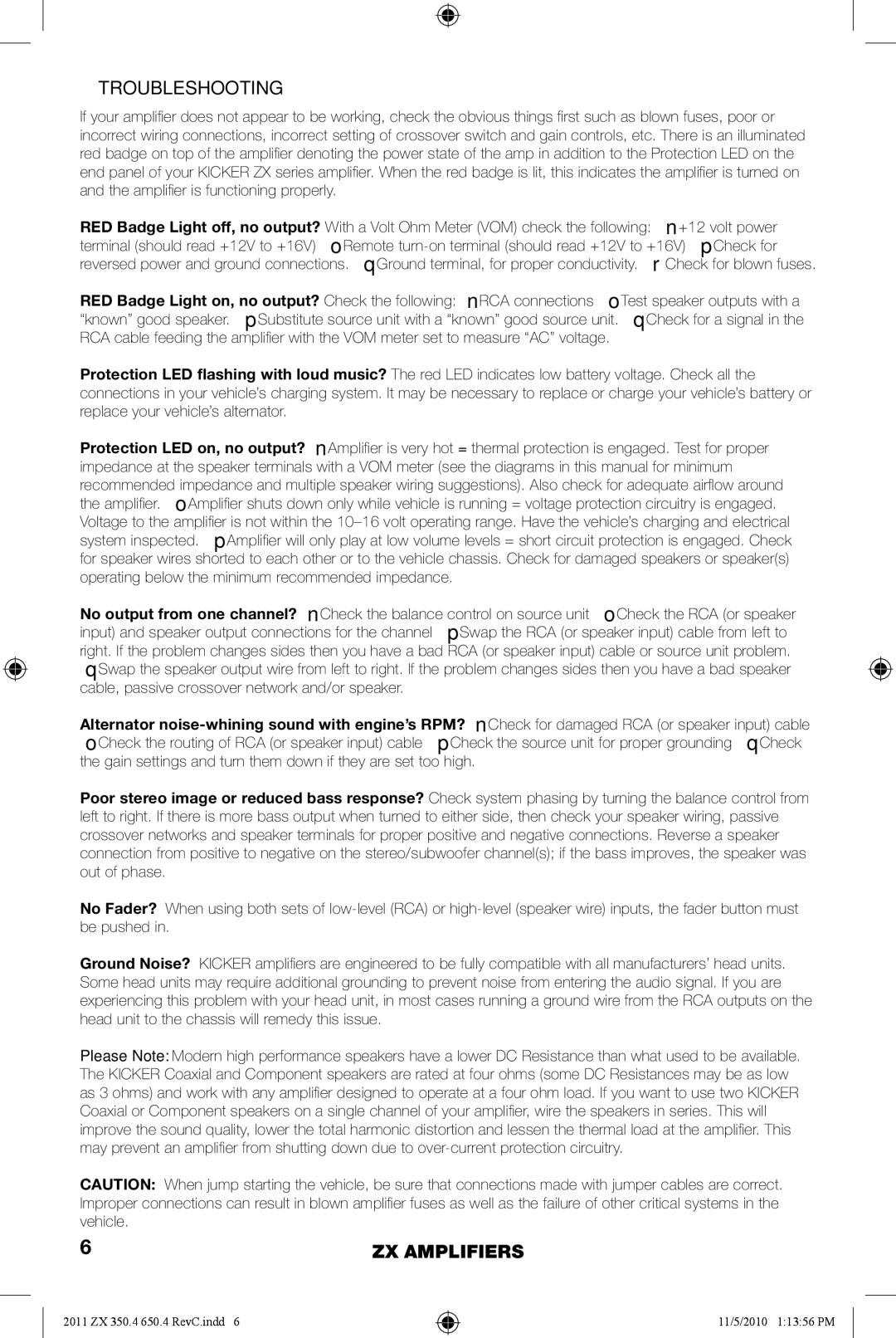 Kicker ZX650.4, ZX350.4 manual Troubleshooting 