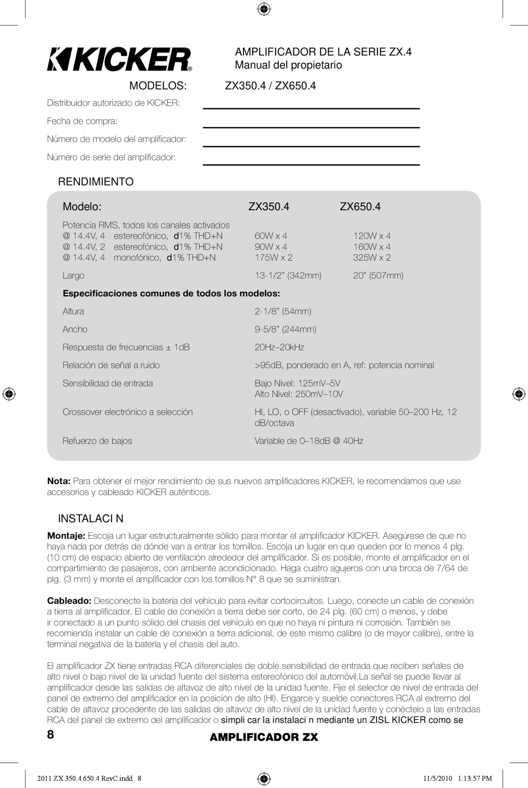 Kicker ZX650.4, ZX350.4 manual Amplificador DE LA Serie ZX.4, Modelos, Rendimiento, Instalación 