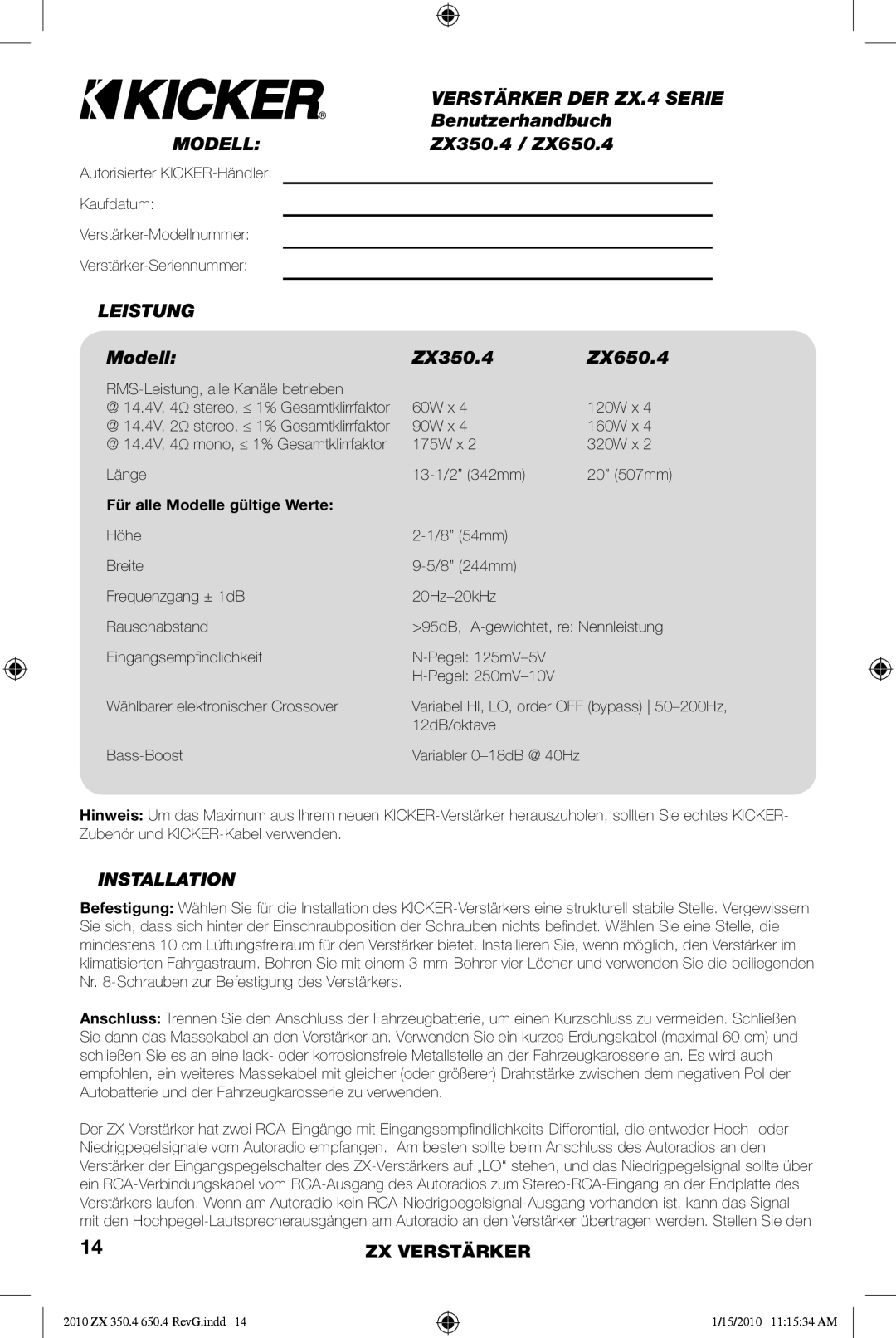 Kicker manual Verstärker DER ZX.4 Serie, Benutzerhandbuch, Leistung, Modell ZX350.4 ZX650.4 