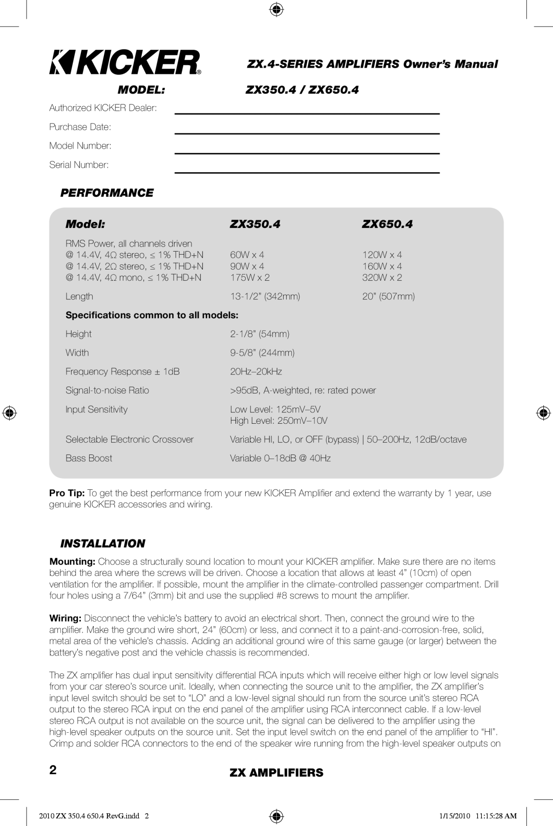 Kicker manual ZX350.4 / ZX650.4, Performance, Model ZX350.4 ZX650.4, Installation 