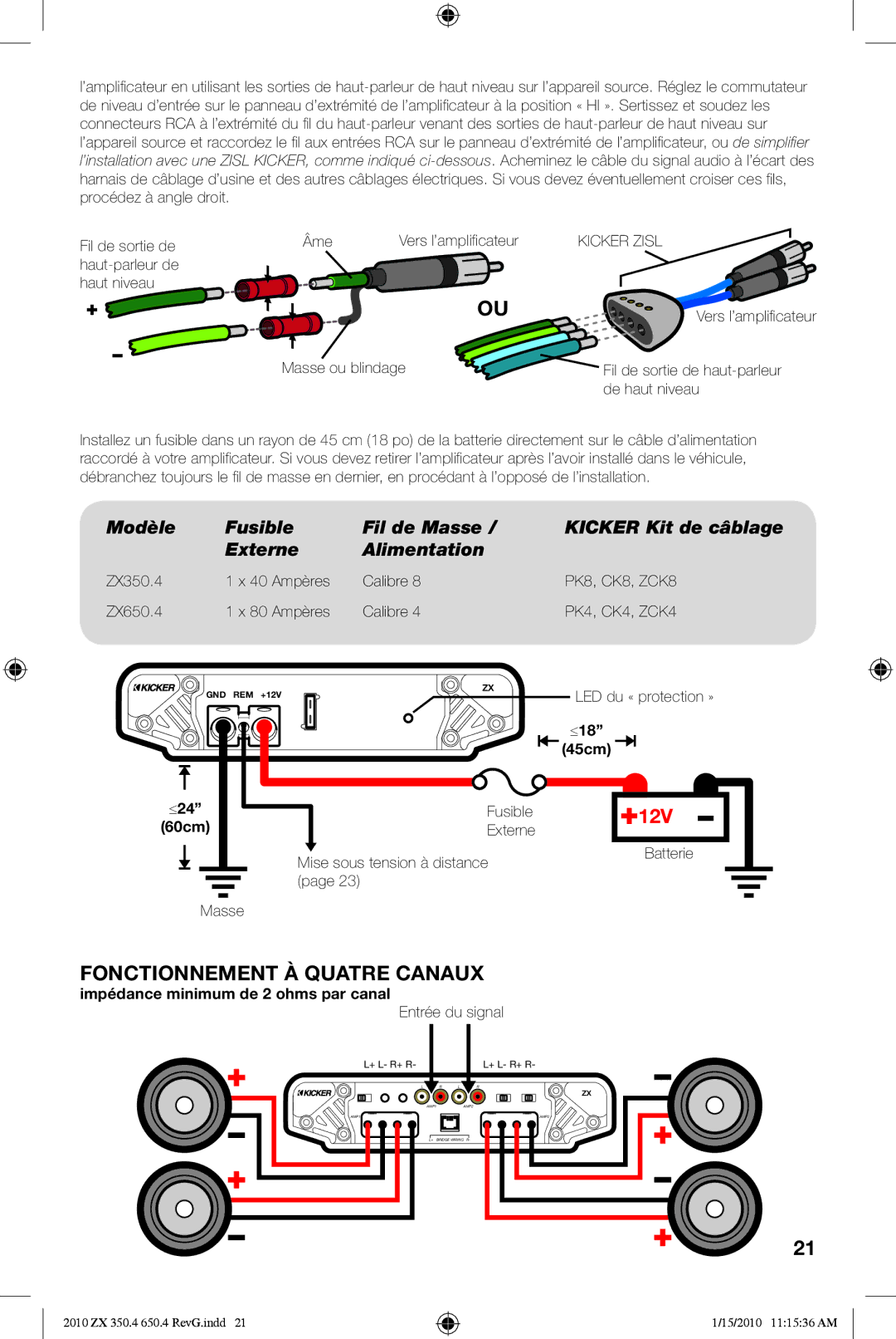 Kicker ZX650.4 manual Âme, Masse ou blindage, Mise sous tension à distance, Batterie, Entrée du signal 