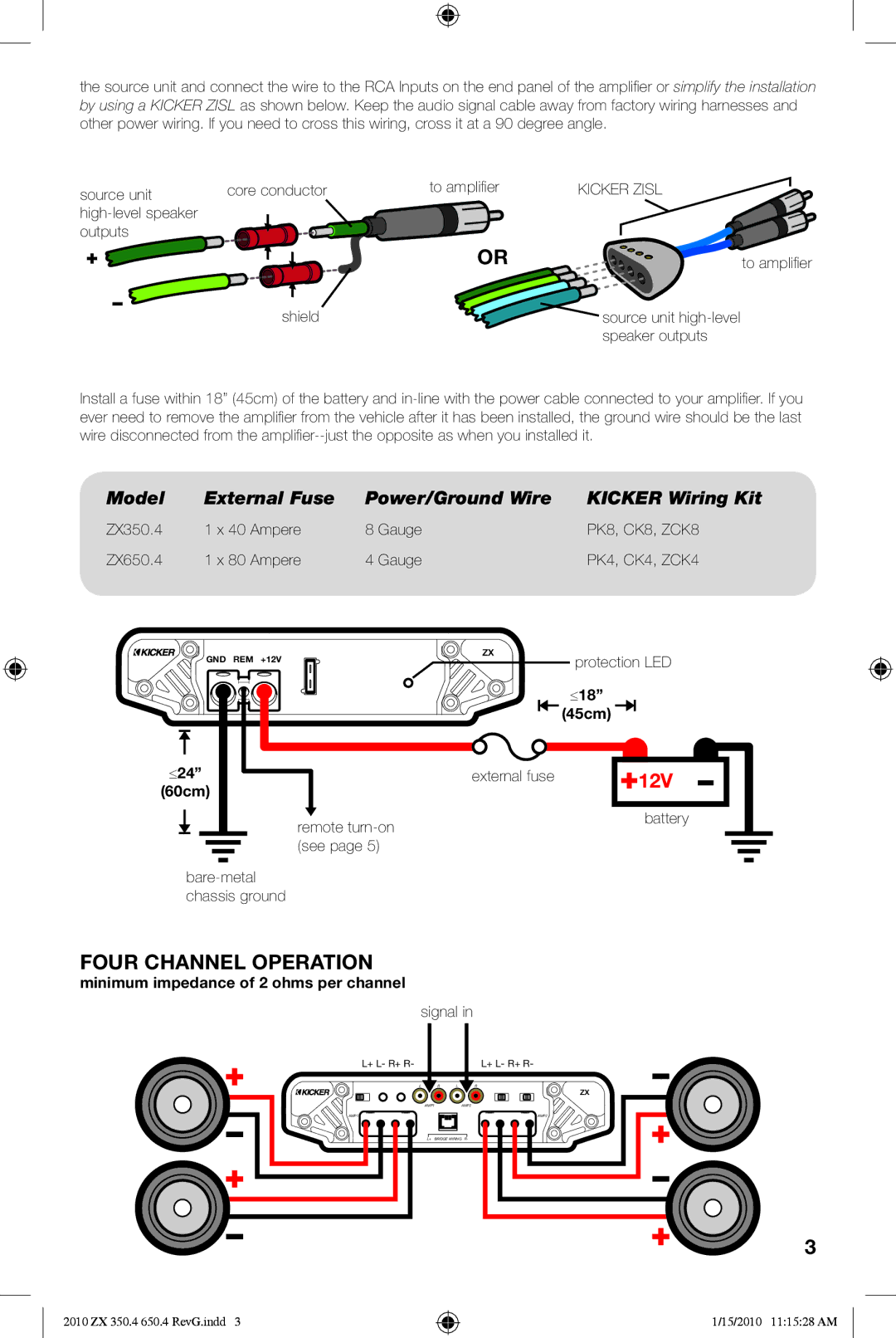 Kicker ZX650.4 manual Four Channel Operation, Model External Fuse Power/Ground Wire Kicker Wiring Kit, ≤18, ≤24 