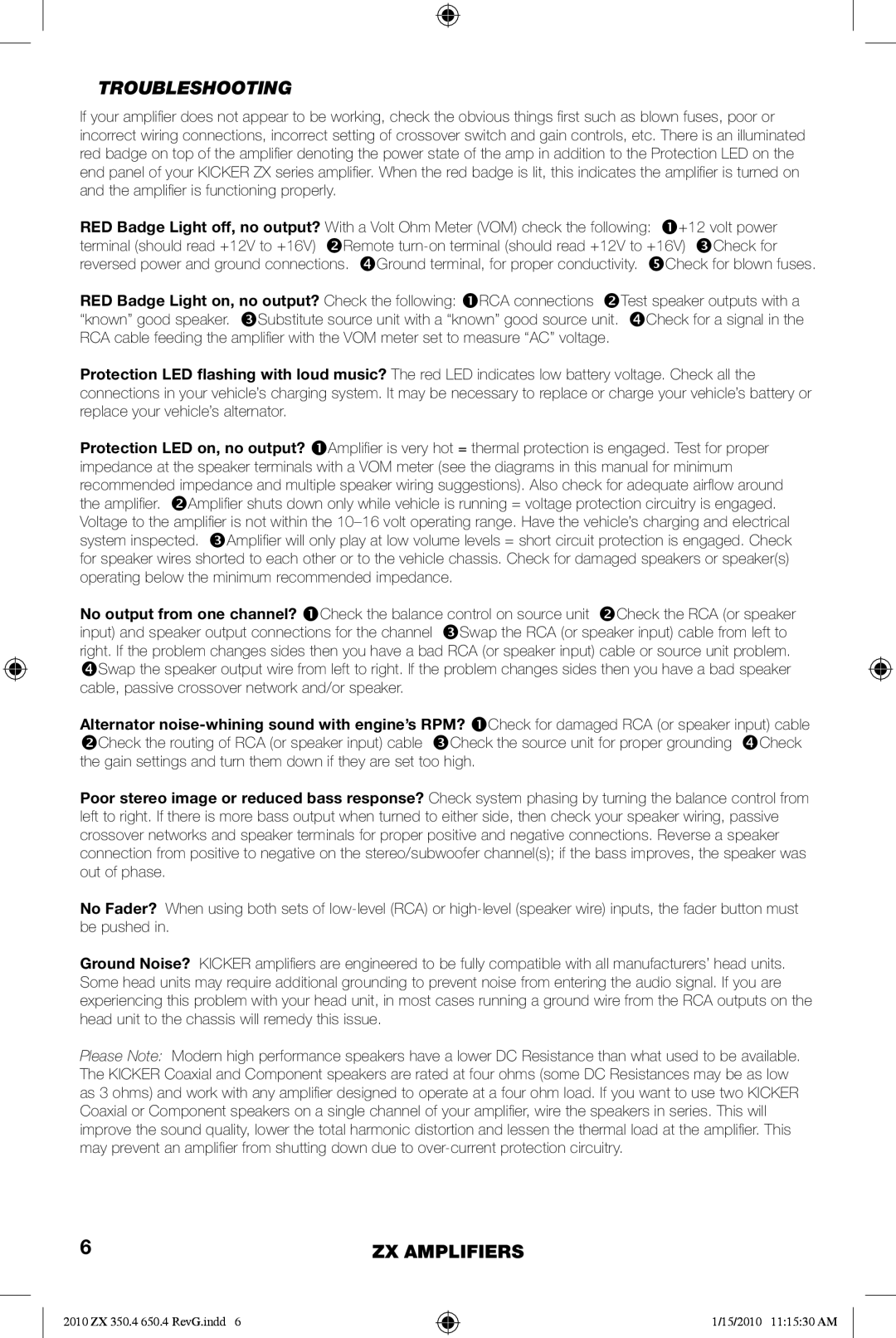 Kicker ZX650.4 manual Troubleshooting 