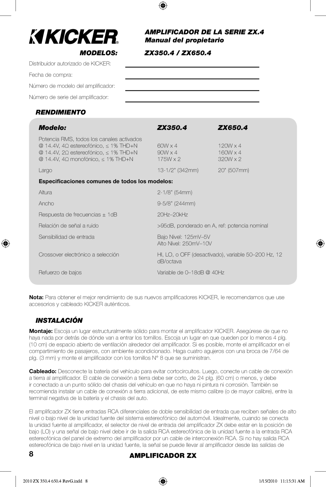 Kicker ZX650.4 manual Amplificador DE LA Serie ZX.4, Modelos, Rendimiento, Instalación 