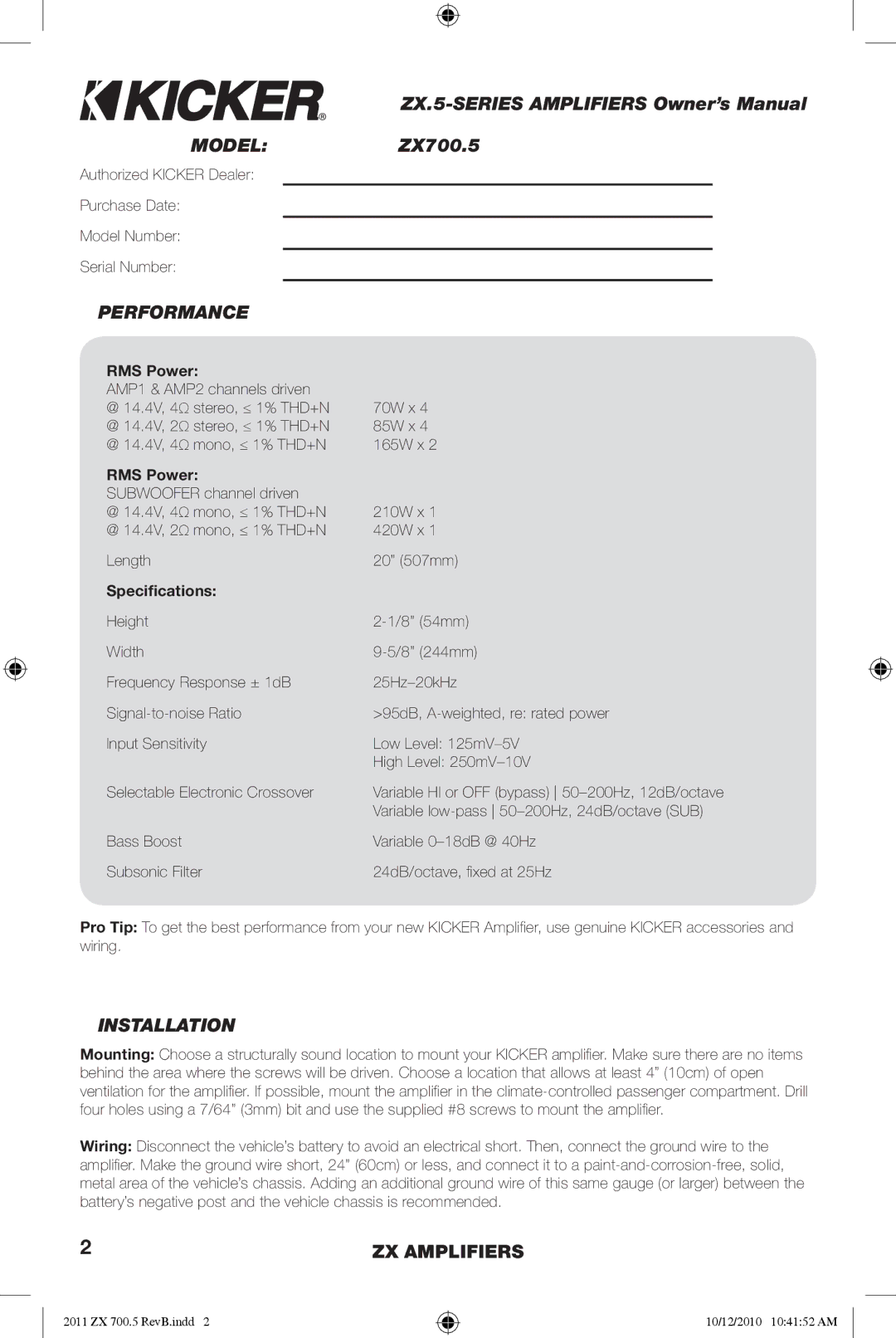 Kicker ZX700.5 manual Model, Performance, Installation, RMS Power, Speciﬁcations 