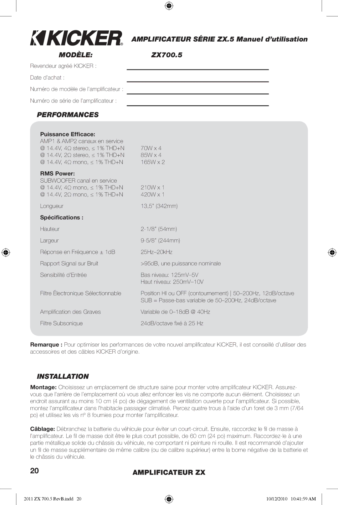 Kicker manual MODÈLEZX700.5, Performances, Puissance Efﬁcace, Spéciﬁcations 