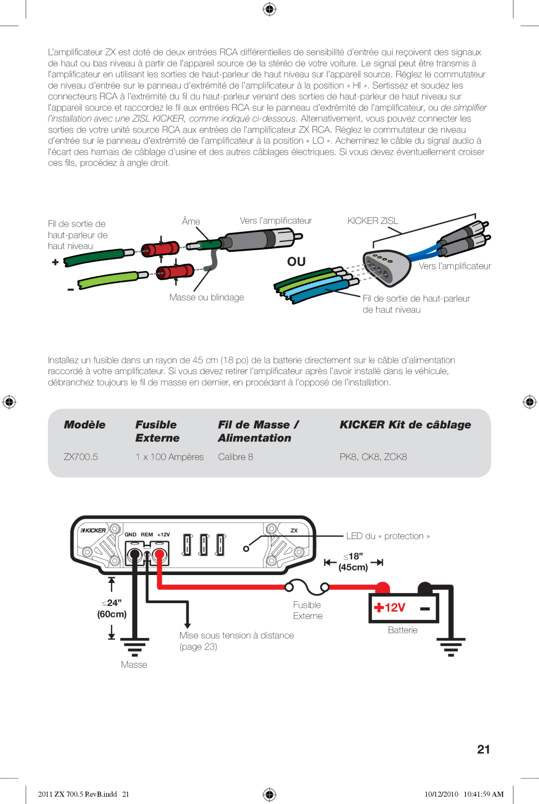 Kicker ZX700.5 manual Âme, Masse ou blindage, Mise sous tension à distance, Batterie 