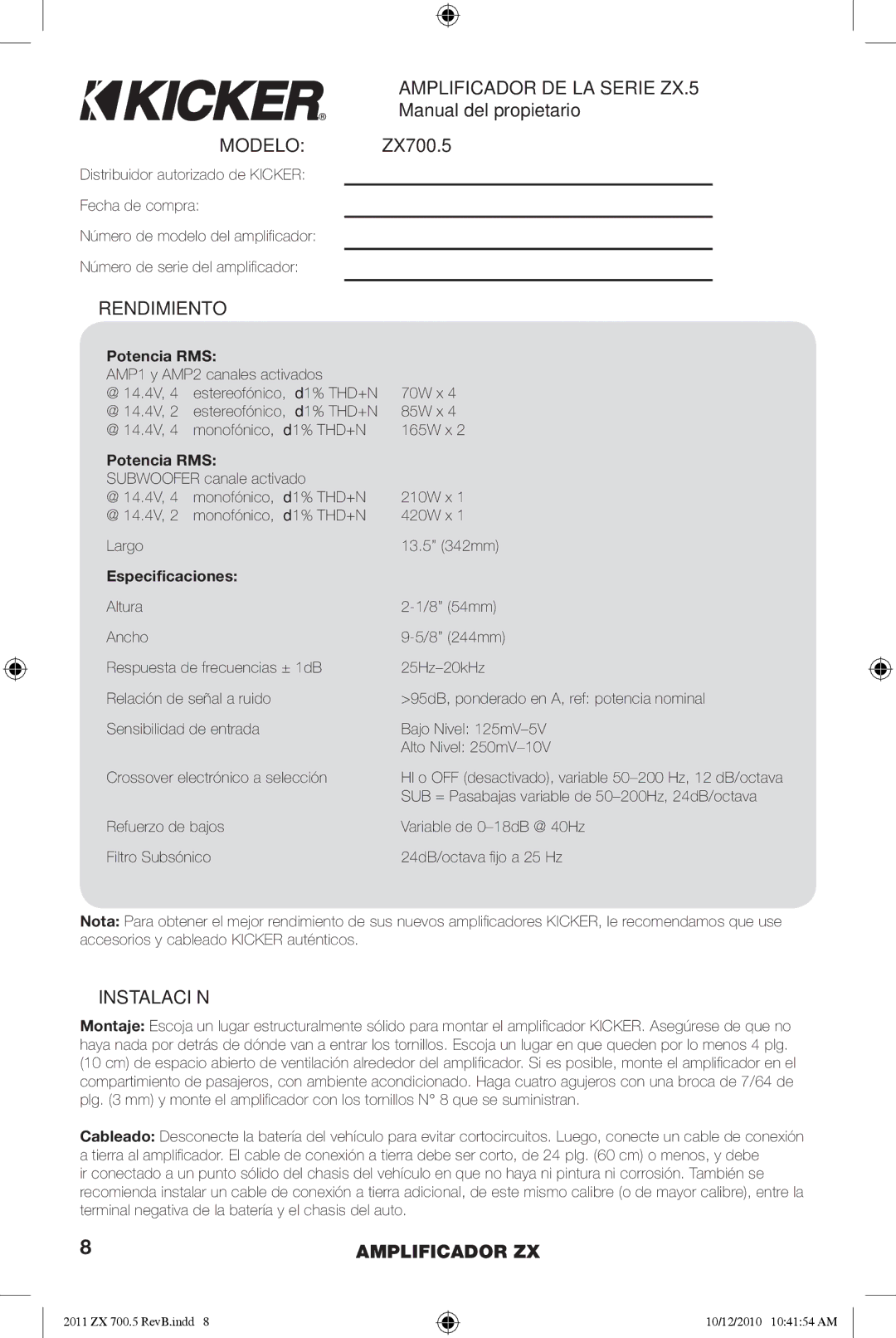 Kicker ZX700.5 manual Amplificador DE LA Serie ZX.5, Modelo, Rendimiento, Instalación 