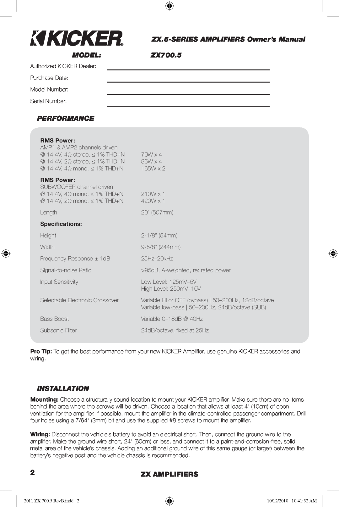 Kicker ZX700.5 manual Model, Performance, Installation, Zx Amplifiers 
