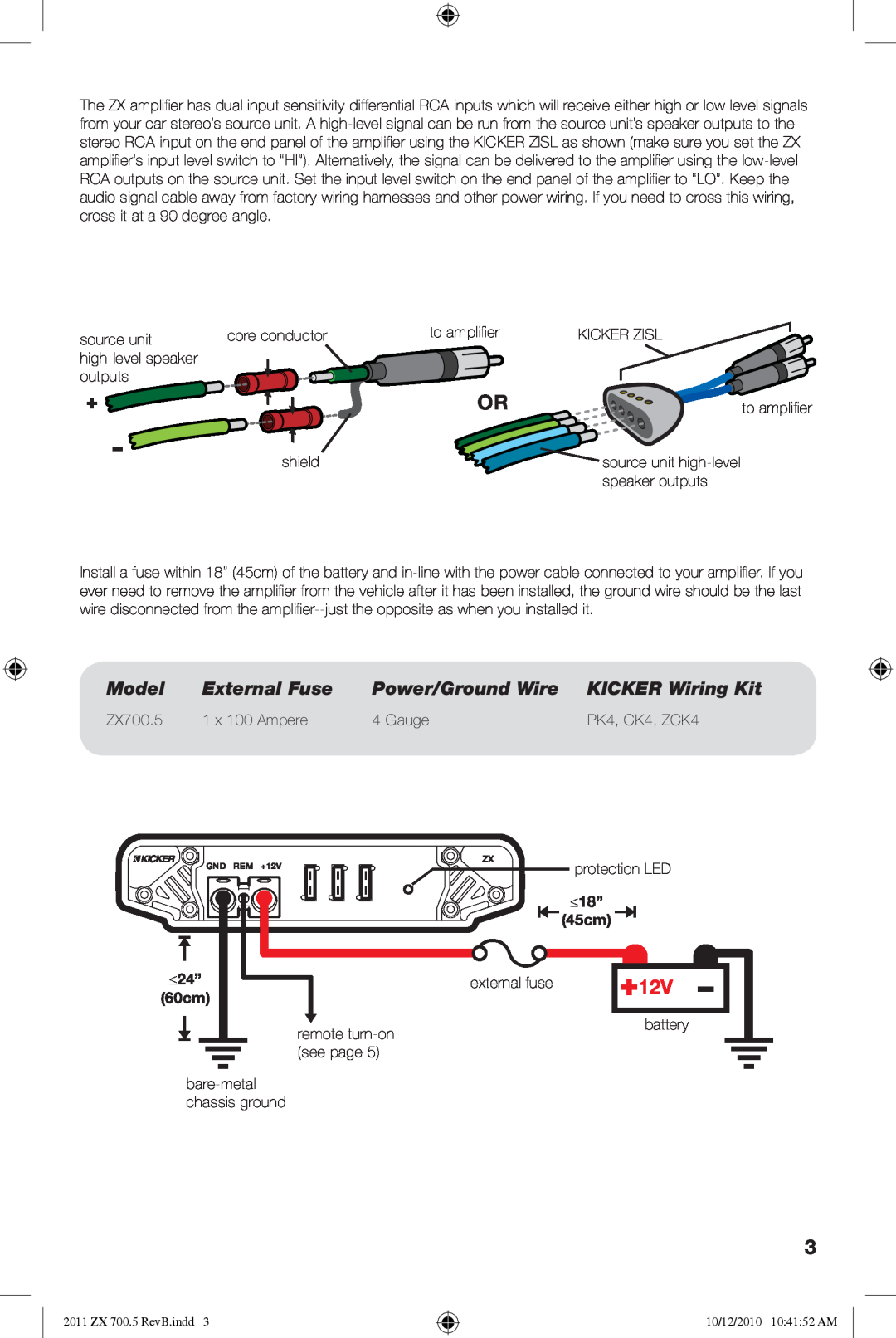 Kicker ZX700.5 manual Model, External Fuse, Power/Ground Wire, KICKER Wiring Kit 